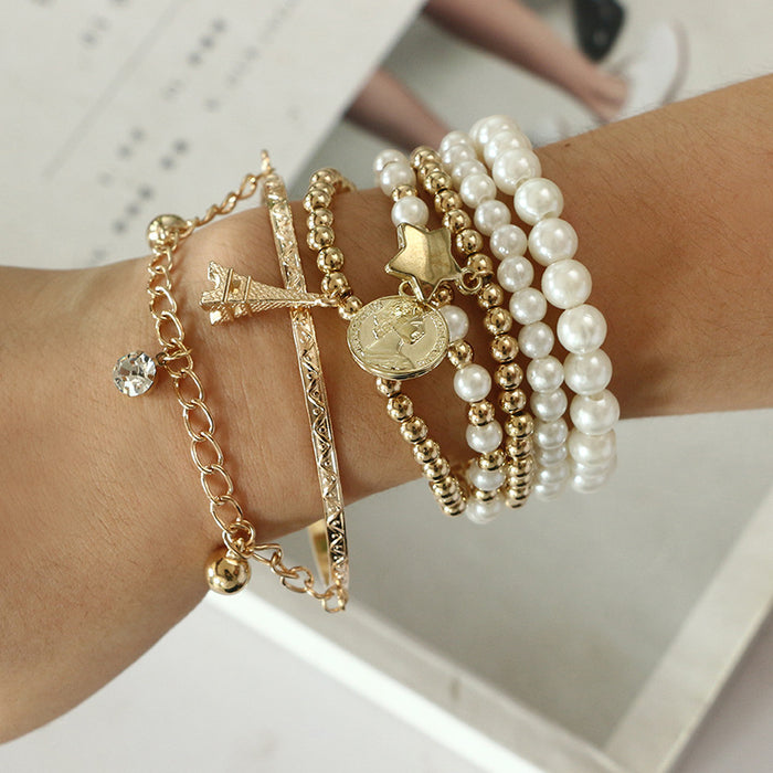 Eiffel Tower Pearl Bracelet Set - Six-Piece Multi-Layer Jewelry