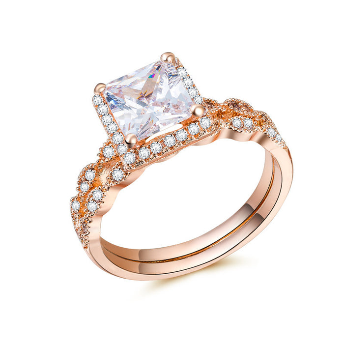 Anillos de pareja de diamantes y circonitas cuadradas de oro rosa, joyería de boda para mujer