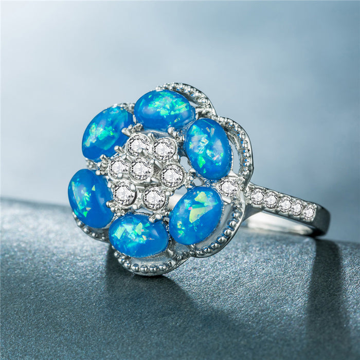 Hexagonal Flower Opal Pinky Ring with Micro-Rhinestones