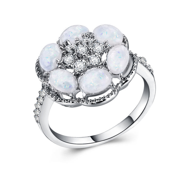 Hexagonal Flower Opal Pinky Ring with Micro-Rhinestones