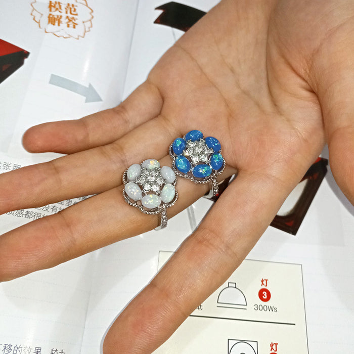 Hexagonal Flower Opal Pinky Ring with Micro-Rhinestones