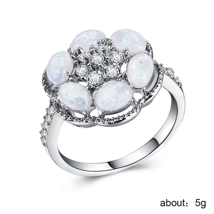 Hexagonal Flower Opal Pinky Ring with Micro-Rhinestones