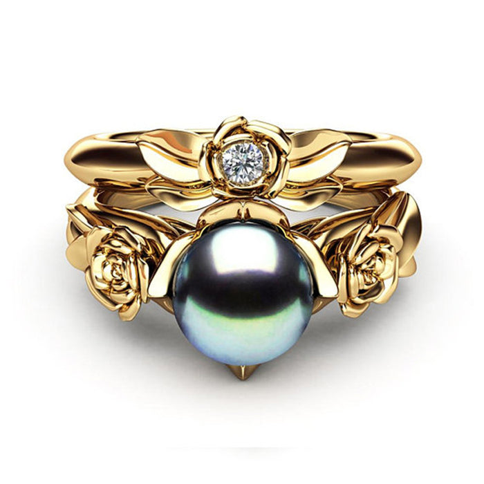 Flower Pearl Couple Ring European and American Fashion Engagement Ring