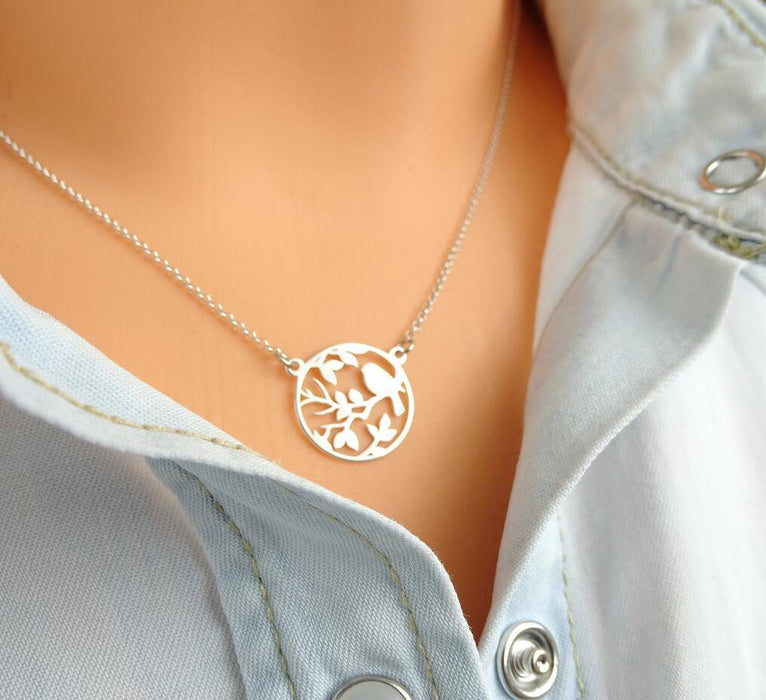 Bird necklace on the tree, Japanese and Korean new geometric round ins literary pendant clavicle chain wholesale