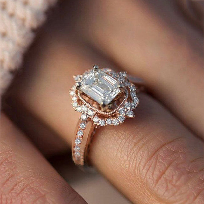 Rose gold plated zircon square diamond princess ring European and American fashion women's jewelry