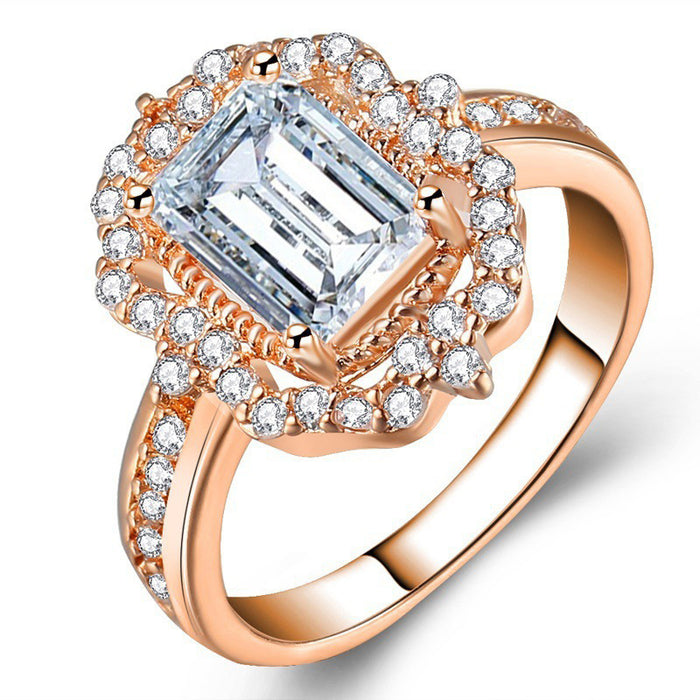 Rose gold plated zircon square diamond princess ring European and American fashion women's jewelry