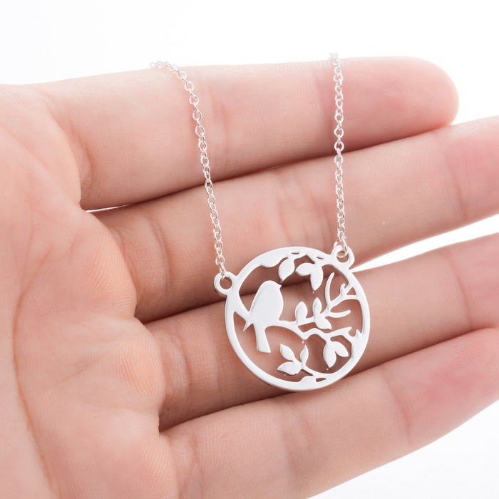 Bird necklace on the tree, Japanese and Korean new geometric round ins literary pendant clavicle chain wholesale