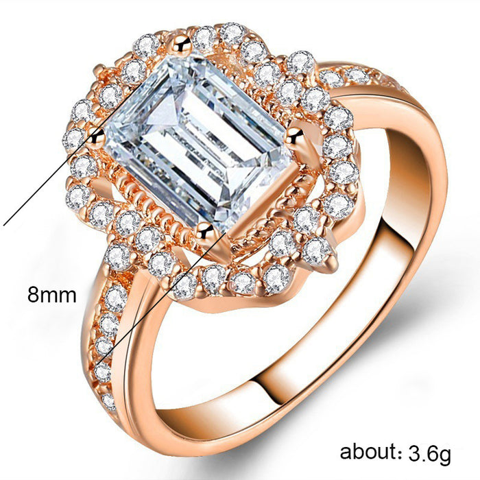 Rose gold plated zircon square diamond princess ring European and American fashion women's jewelry