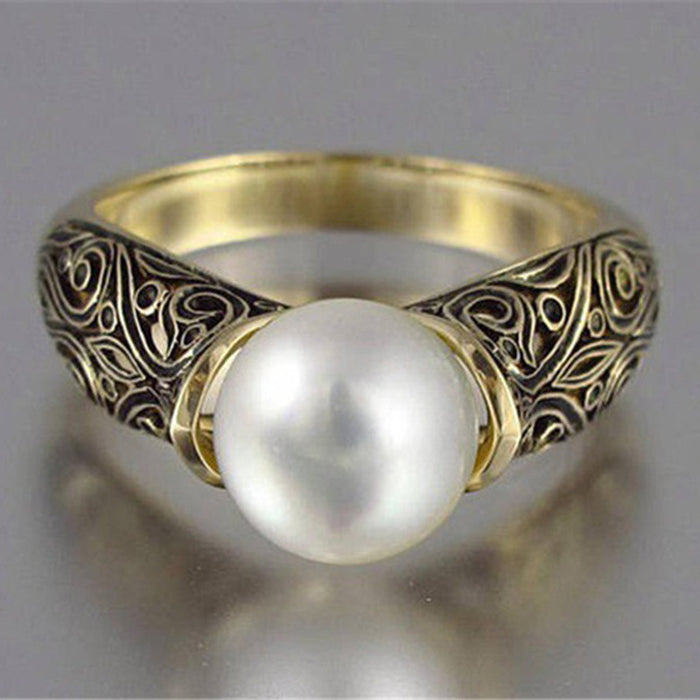 Synthetic pearl ring plated with 14k gold retro style jewelry for women