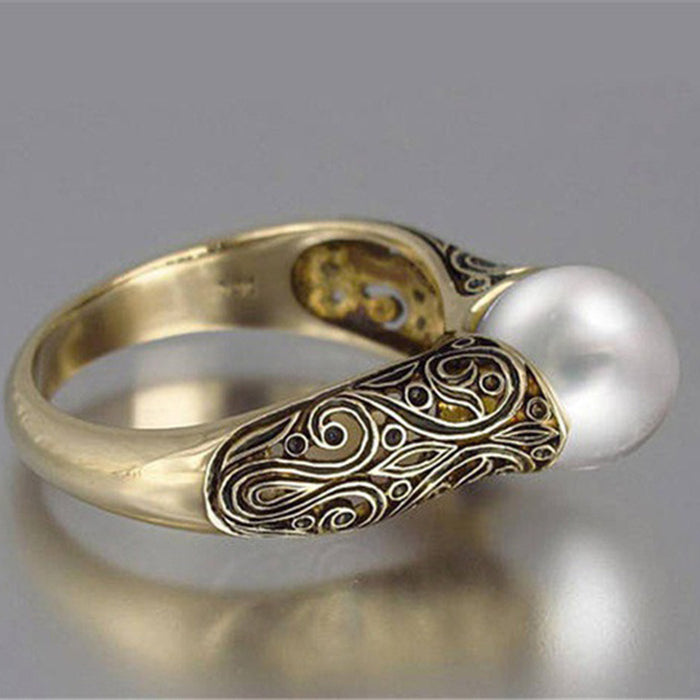 Synthetic pearl ring plated with 14k gold retro style jewelry for women