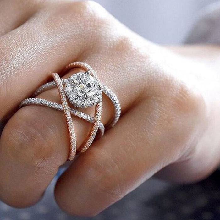 Rose gold plated cross ring creative rhinestone ring