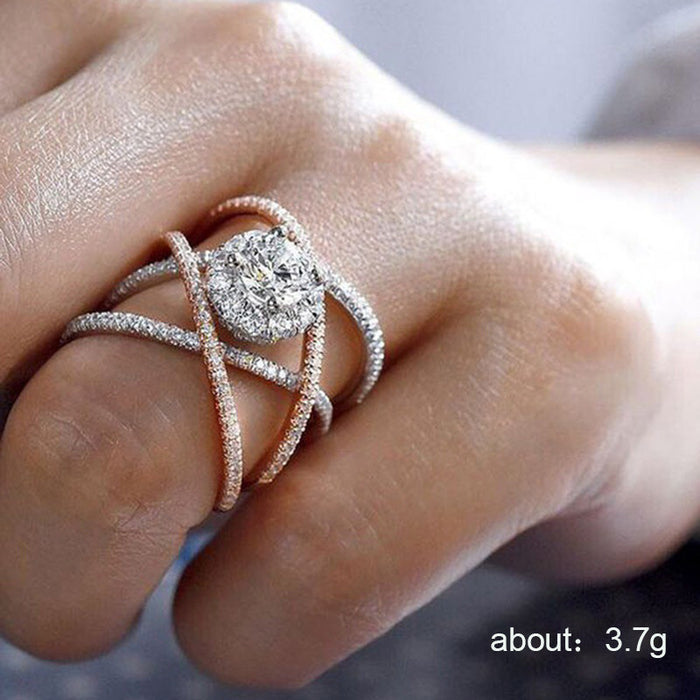 Rose gold plated cross ring creative rhinestone ring