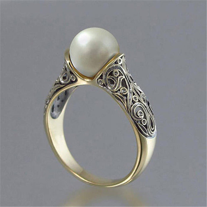 Synthetic pearl ring plated with 14k gold retro style jewelry for women