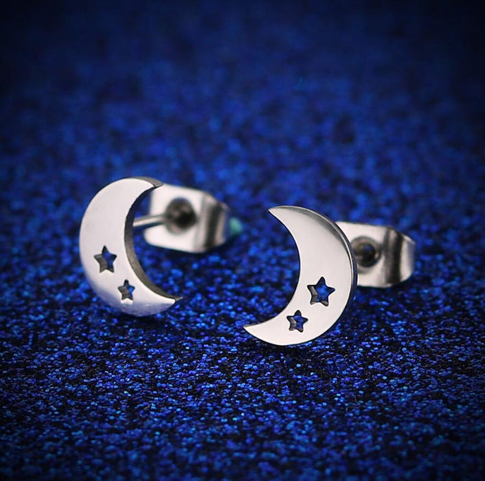 Pendientes de acero inoxidable con forma de estrella y luna: joyas geométricas sencillas y elegantes