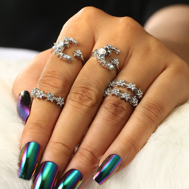 Bohemian Star Moon Rhinestone Rings - 5pcs Set