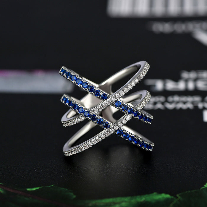 Anillo de diamantes azules con tachuelas cruzadas, anillo de fiesta creativo en forma de X, joyería de gran venta