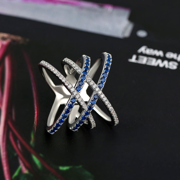 Anillo de diamantes azules con tachuelas cruzadas, anillo de fiesta creativo en forma de X, joyería de gran venta