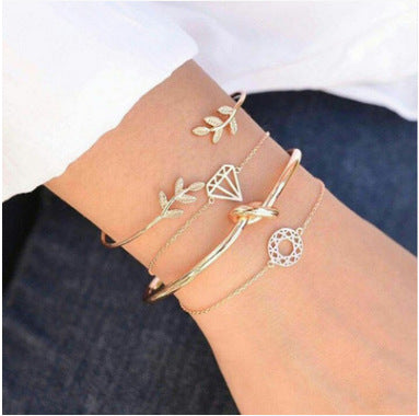 Vintage Leaf and Knotted Diamond Bracelet Set – Bohemian Geometric Jewelry