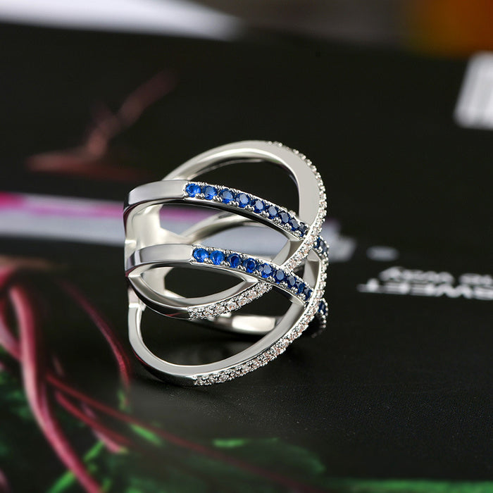 Anillo de diamantes azules con tachuelas cruzadas, anillo de fiesta creativo en forma de X, joyería de gran venta