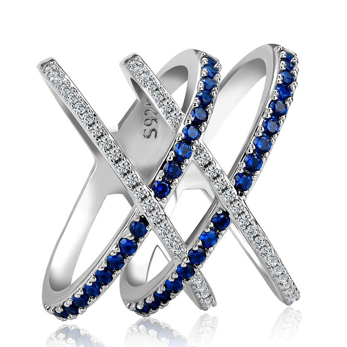 Anillo de diamantes azules con tachuelas cruzadas, anillo de fiesta creativo en forma de X, joyería de gran venta