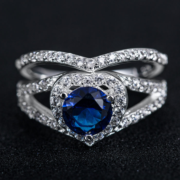 Heart-shaped blue gemstone ring for women Micro-paved zircon ring