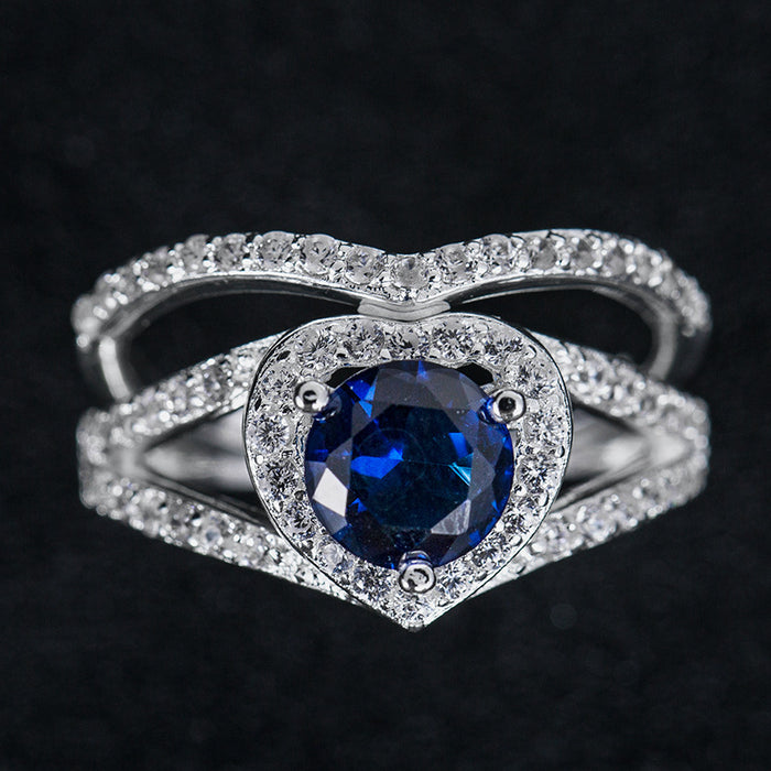 Heart-shaped blue gemstone ring for women Micro-paved zircon ring