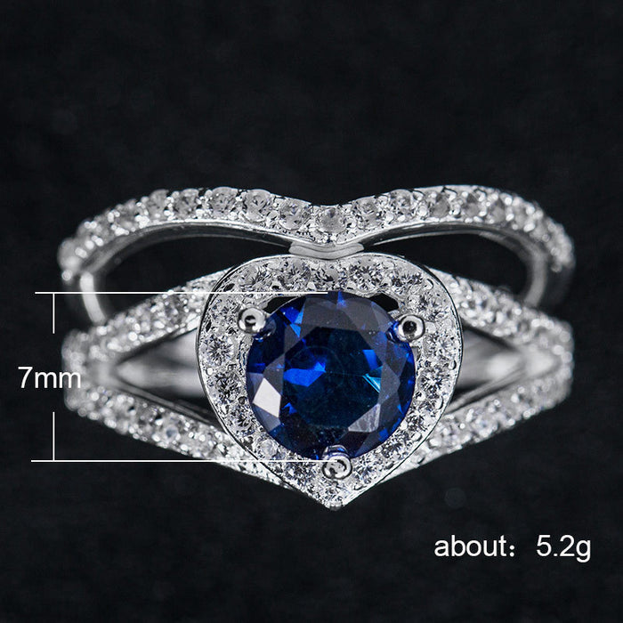 Heart-shaped blue gemstone ring for women Micro-paved zircon ring