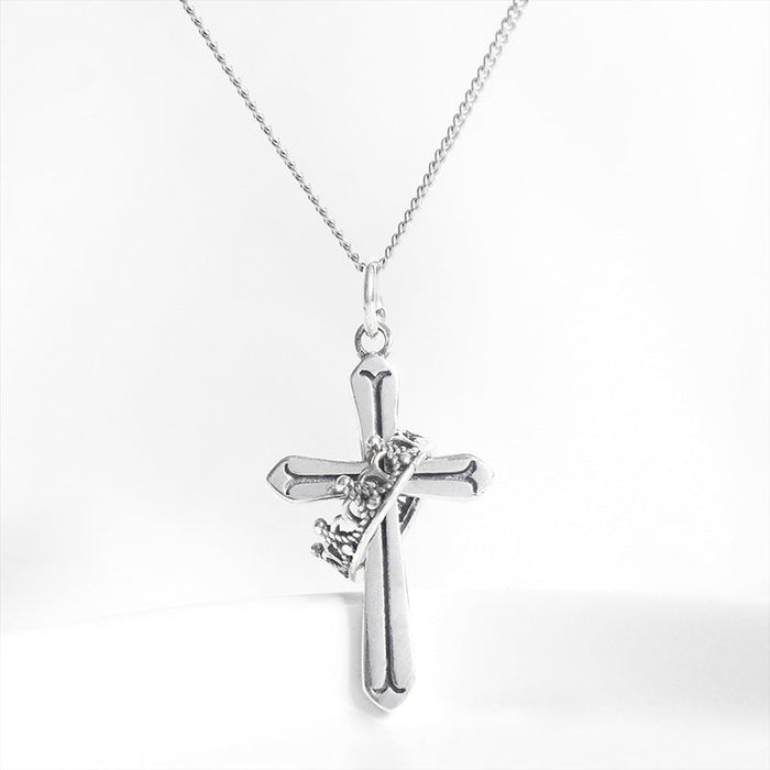 S925 Silver Crown Cross Necklace - wallojewerly 