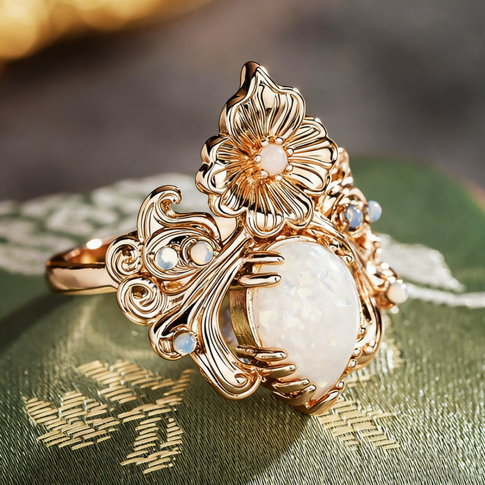 Women's teardrop micro-inlaid imitation opal forest style small fresh ring