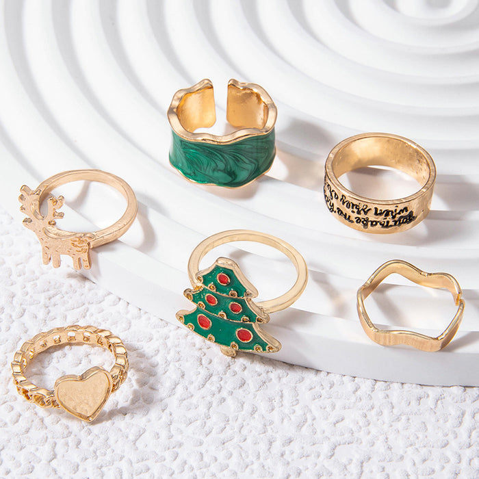 Festive Christmas Tree and Reindeer Ring Set - 6-Piece Holiday Alloy Rings