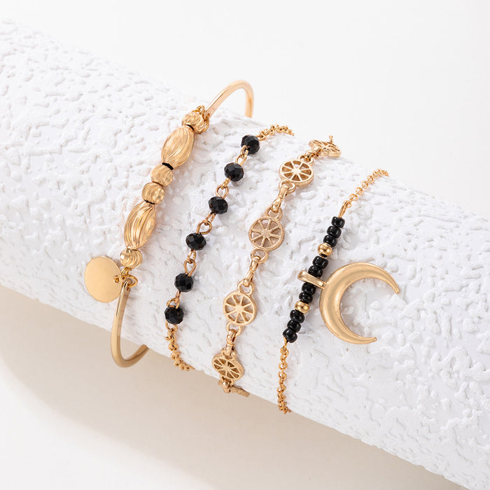 Conjunto de pulseras de cuentas negras y luna de estilo minimalista