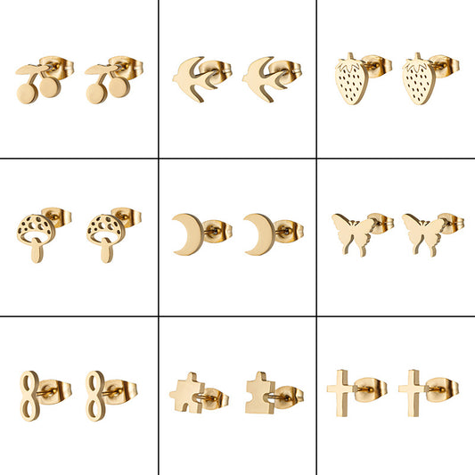 Mushroom moon earrings, 2023 European and American retro stainless steel new 18K gold electroplated women's earrings wholesale