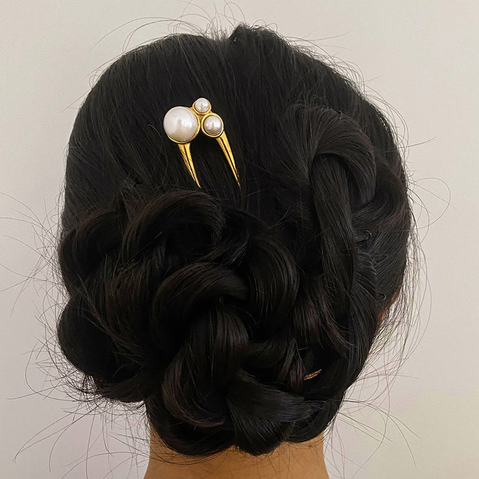 18k gold pearl hairpin, niche titanium steel headdress