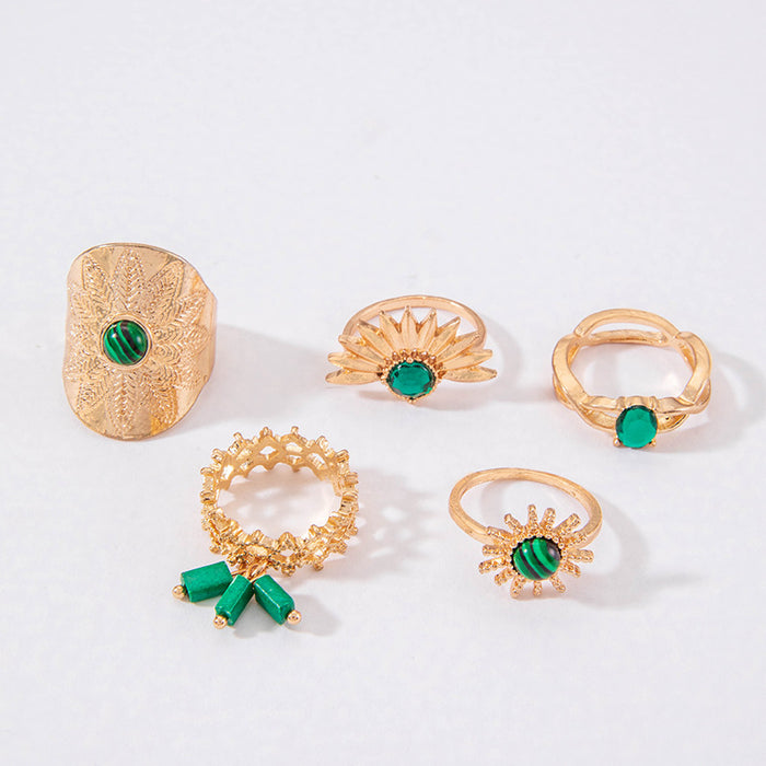 Vintage Exaggerated Gemstone Sunflower Ring Set - 5pcs Geometric Tassel Rings