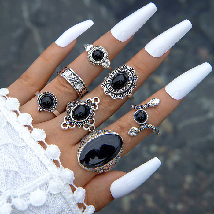 Vintage Black Gemstone Ring Set - 7pcs Dark Gothic Snake Oval Rings