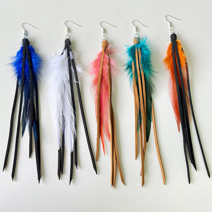 Bohemian Leather Tassel Earrings with Natural Feather Design