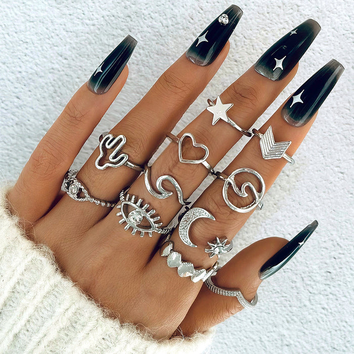 Conjunto de anillos de luna con múltiples articulaciones y diseño minimalista en forma de corazón: anillos con diseño inspirado en cactus y diamantes, colección de 11 piezas