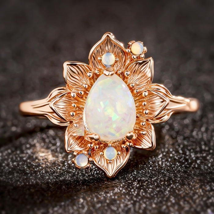Women's teardrop micro-inlaid imitation opal sunflower ring