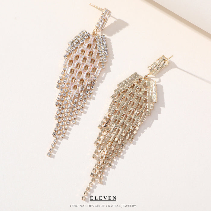 Exaggerated Geometric Tassel Earrings - 14K Gold-Plated Rhinestone Jewelry for a Bold Look