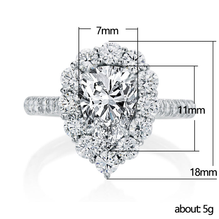 Cluster-set teardrop simulated diamond ring, exquisite pear-shaped zircon ring