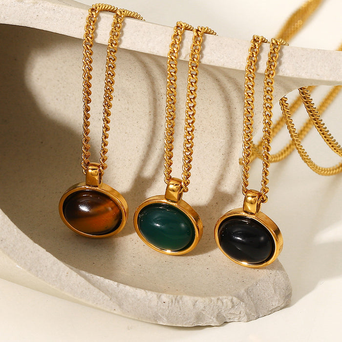 Vintage Oval Natural Stone Pendant Necklace - 18K Gold-Plated Stainless Steel Chain for a Timeless Look