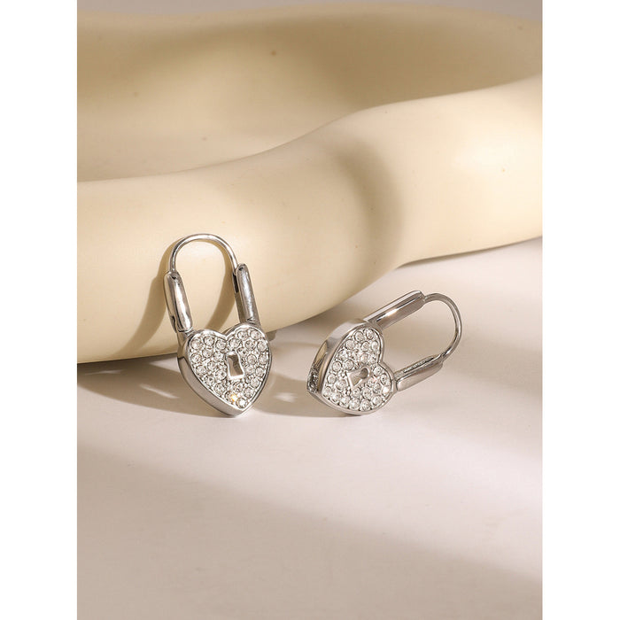 Stainless Steel Heart Lock Earrings - High-End Luxury Titanium Steel Earrings with Zircon Inlay