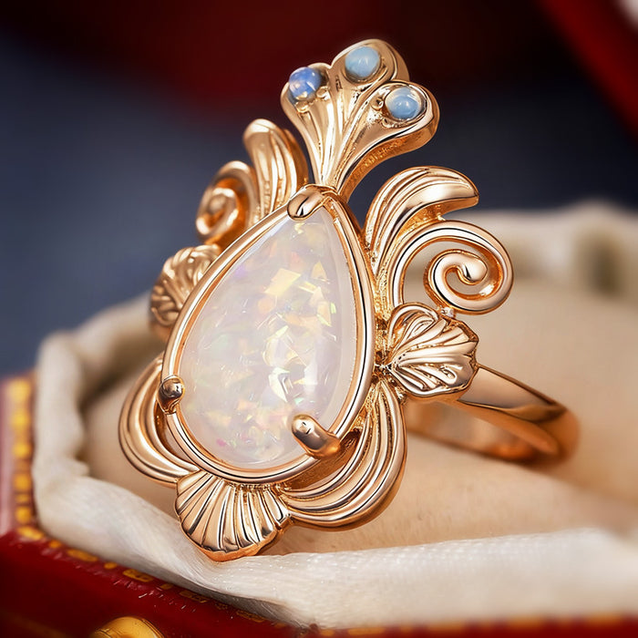 Women's water drop leaf three-claw micro-inlaid imitation opal ring