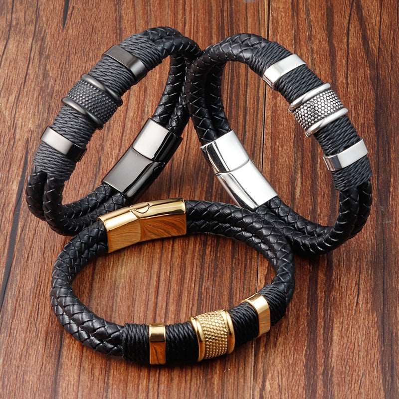 Bracelet Stainless Steel Genuine Leather Vintage Double Weave