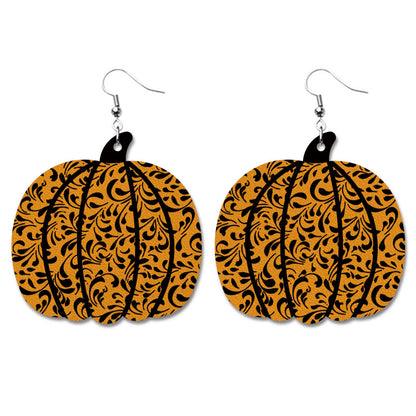 Creative Halloween PU Leather Earrings with Pumpkin and Bat Design