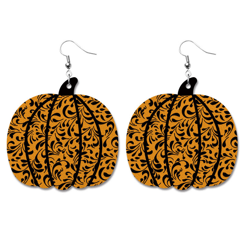 Creative Halloween PU Leather Earrings with Pumpkin and Bat Design - wallojewerly 
