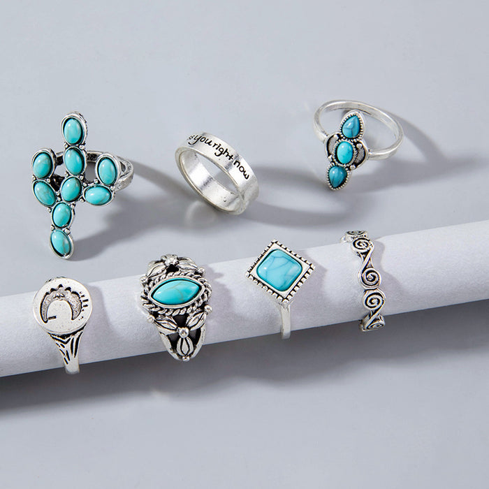 Cactus Turquoise Geometric Rings - 7pcs Set