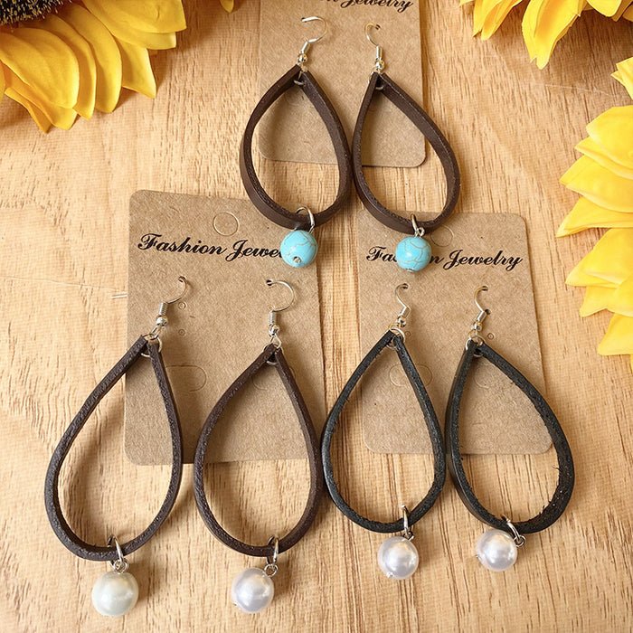 Vintage Leather Pearl Earrings with Retro Design