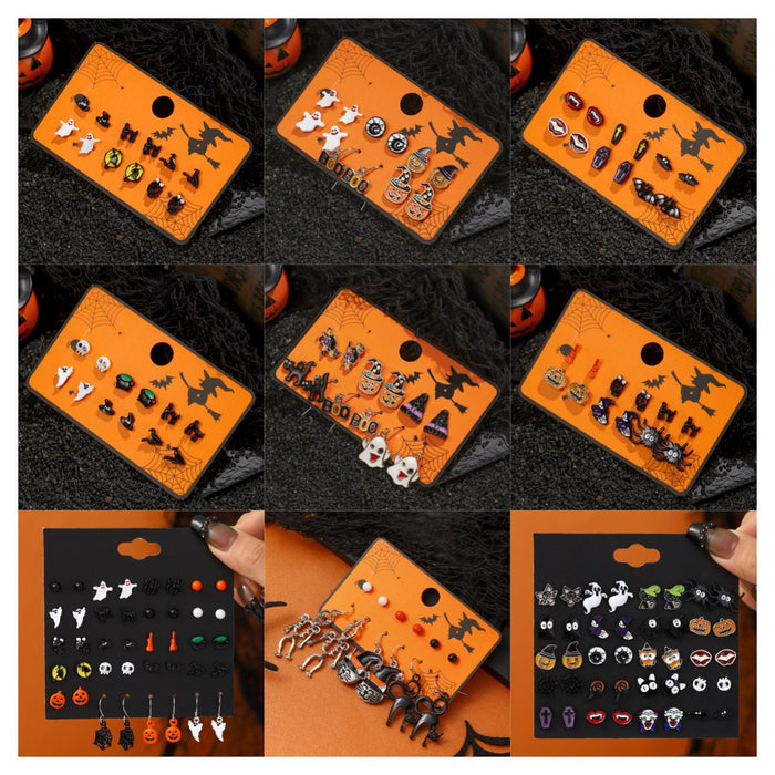 Wholesale Halloween Cartoon Stud Earrings Set - Spooky Pumpkin, Ghost & Bat Alloy Earring Multipack for Women