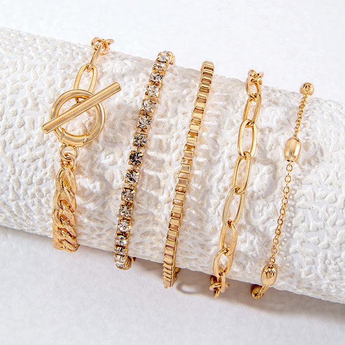 Bold Metal Multilayer Bracelet Set - Stylish Diamond-Studded Jewelry